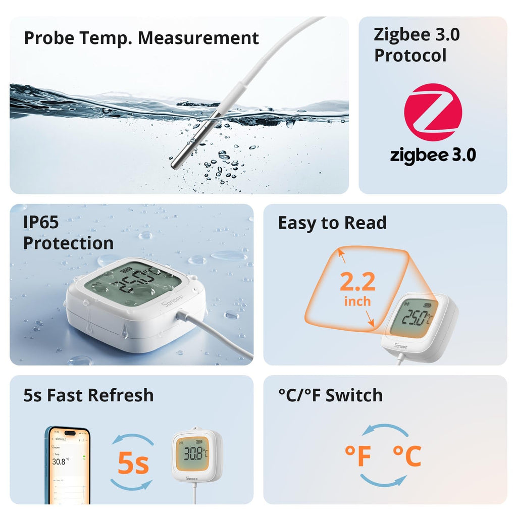 SONOFF SNZB-02LD Zigbee Waterproof Temperature Sensor with 1.5M Stainless Steel Probe, LCD Display, -40~115°C Range, APP Monitoring, Magnetic Mount, Works with Zigbee Hub