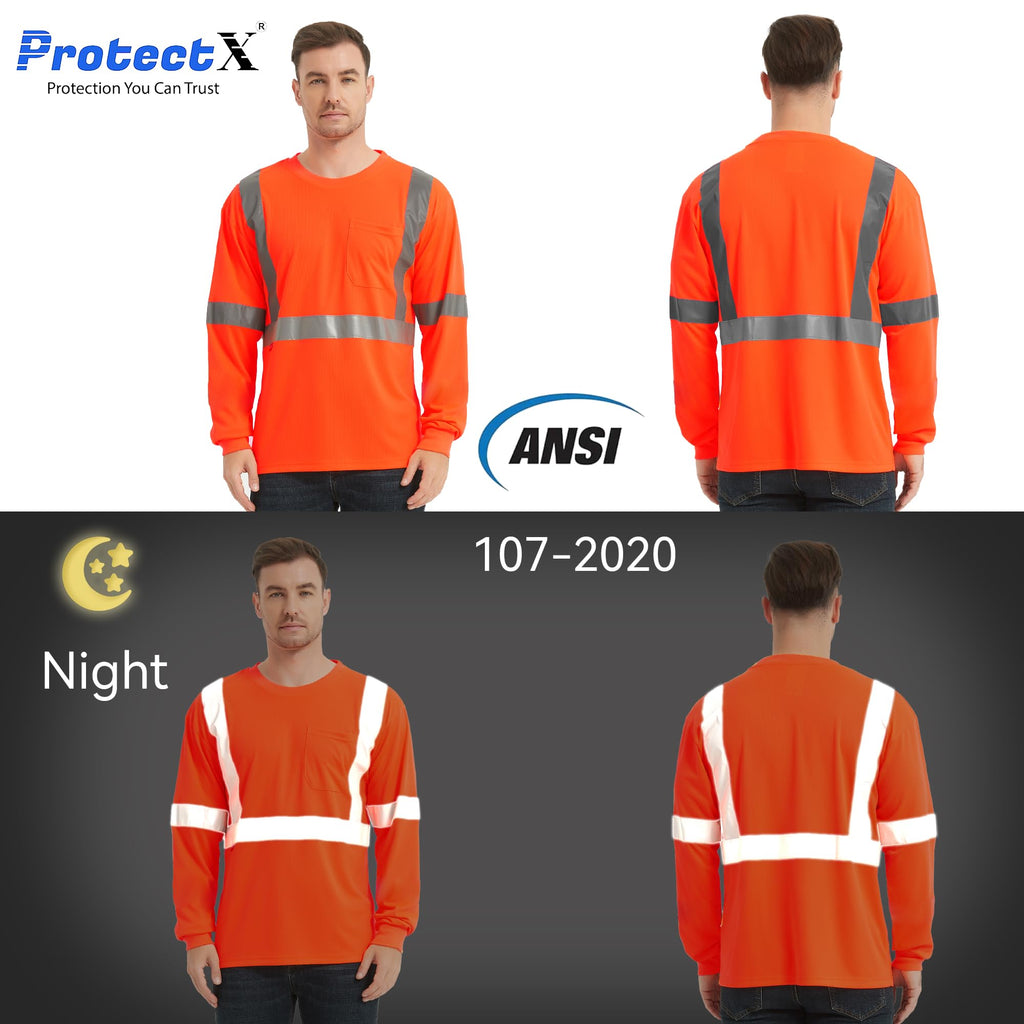 ProtectX 3-Pack Men's High Visibility Heavy Duty Long Sleeve Reflective Safety T-Shirts for Construction, Class 2-3 Type R, Orange Long Solid Medium