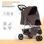 Magshion 3-Wheel Pet Stroller, Foldable Travel Jogger for Small & Medium Dogs & Cats (Up to 33lbs), Lightweight Carrier with Breathable Mesh Cover, Cup Holder & Storage Basket, Coffee