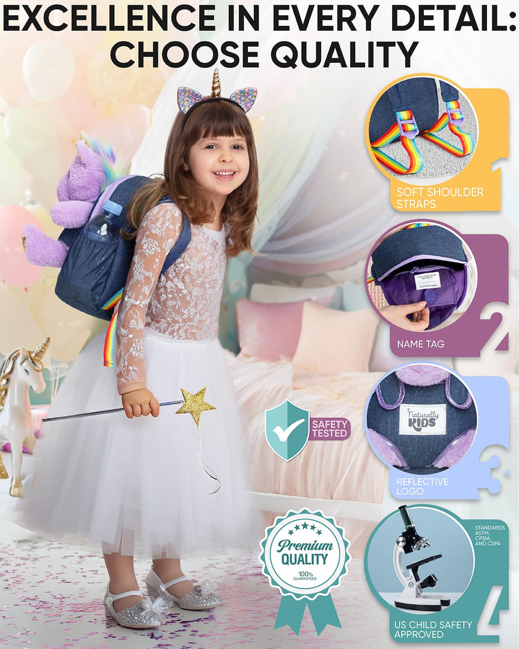 Naturally KIDS Toddler Backpack w. Plush Purple Unicorn Toy, Kids Gift 2-6