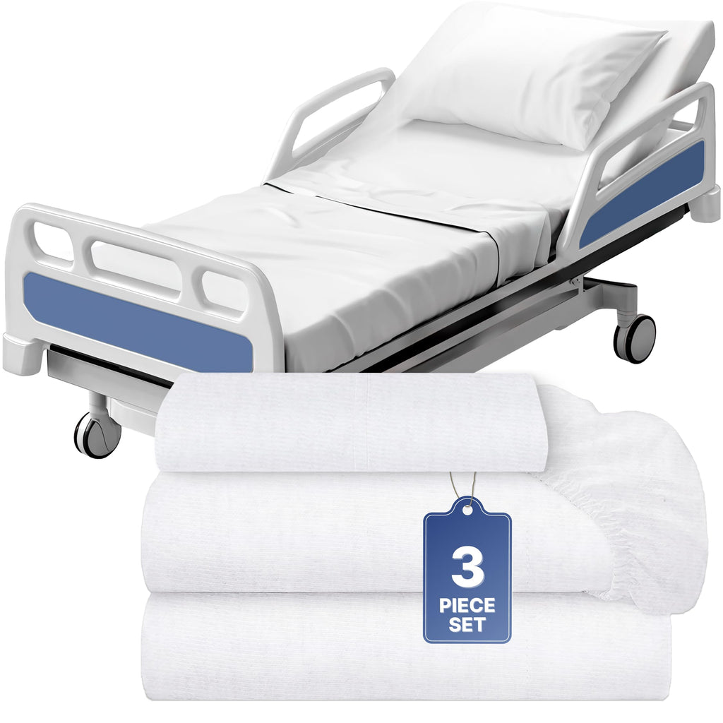 3 Piece Hospital Bed Sheet Set, Soft Jersey Knitted T-Shirt Quality, 1 Flat, 1 Fitted, 1 Pillowcase