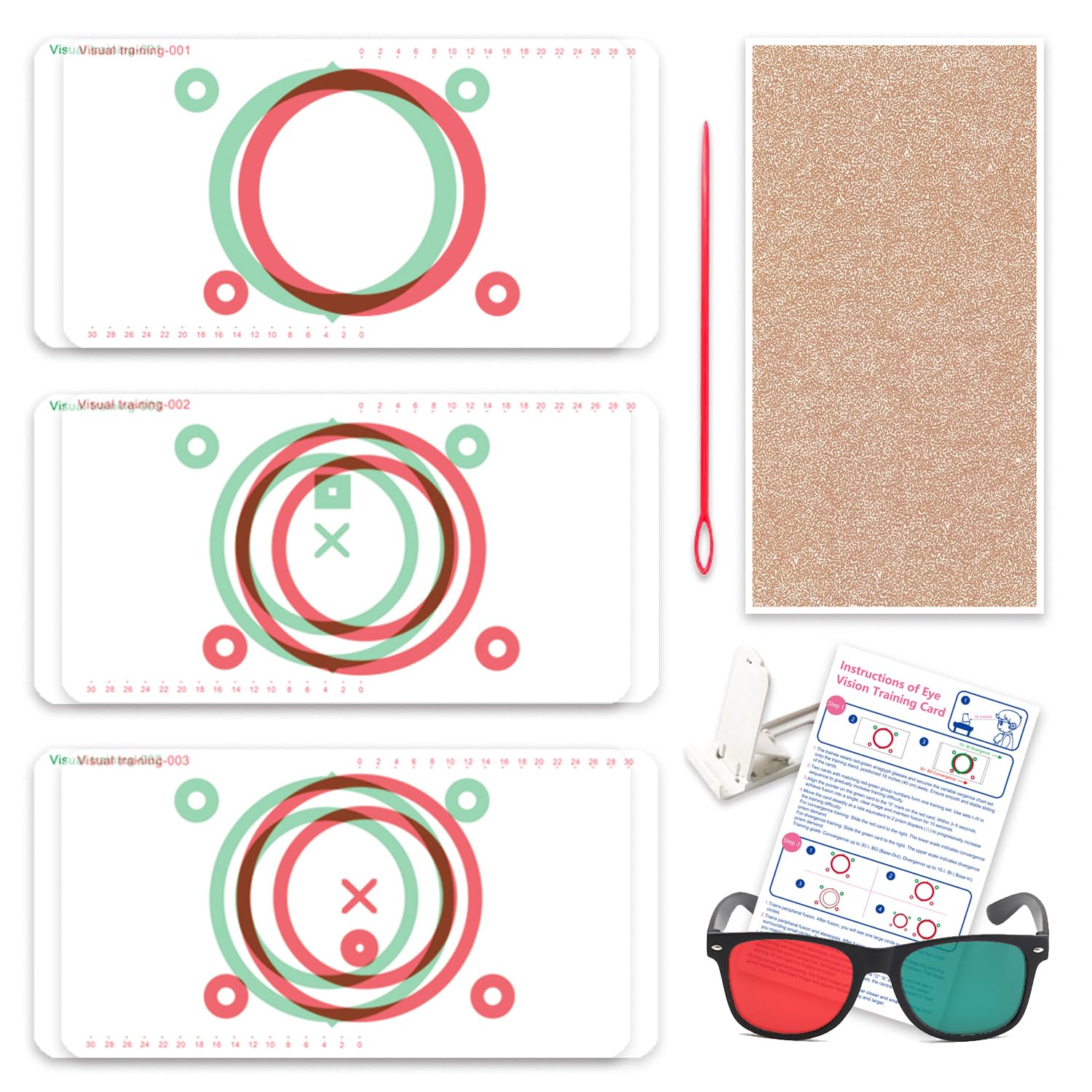 LAIDOLAILA Vision Training Convergence & Divergence Kit – 6 Red Green Variable Fusion Cards with Red Green Glasses, Pointer and Stand – Binocular Exercise & Stereopsis Practice for Home Use