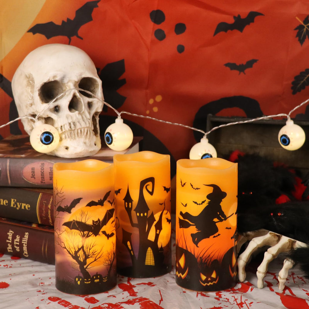 DRomance Halloween LED Flameless Pillar Candles Battery Operated with Timer