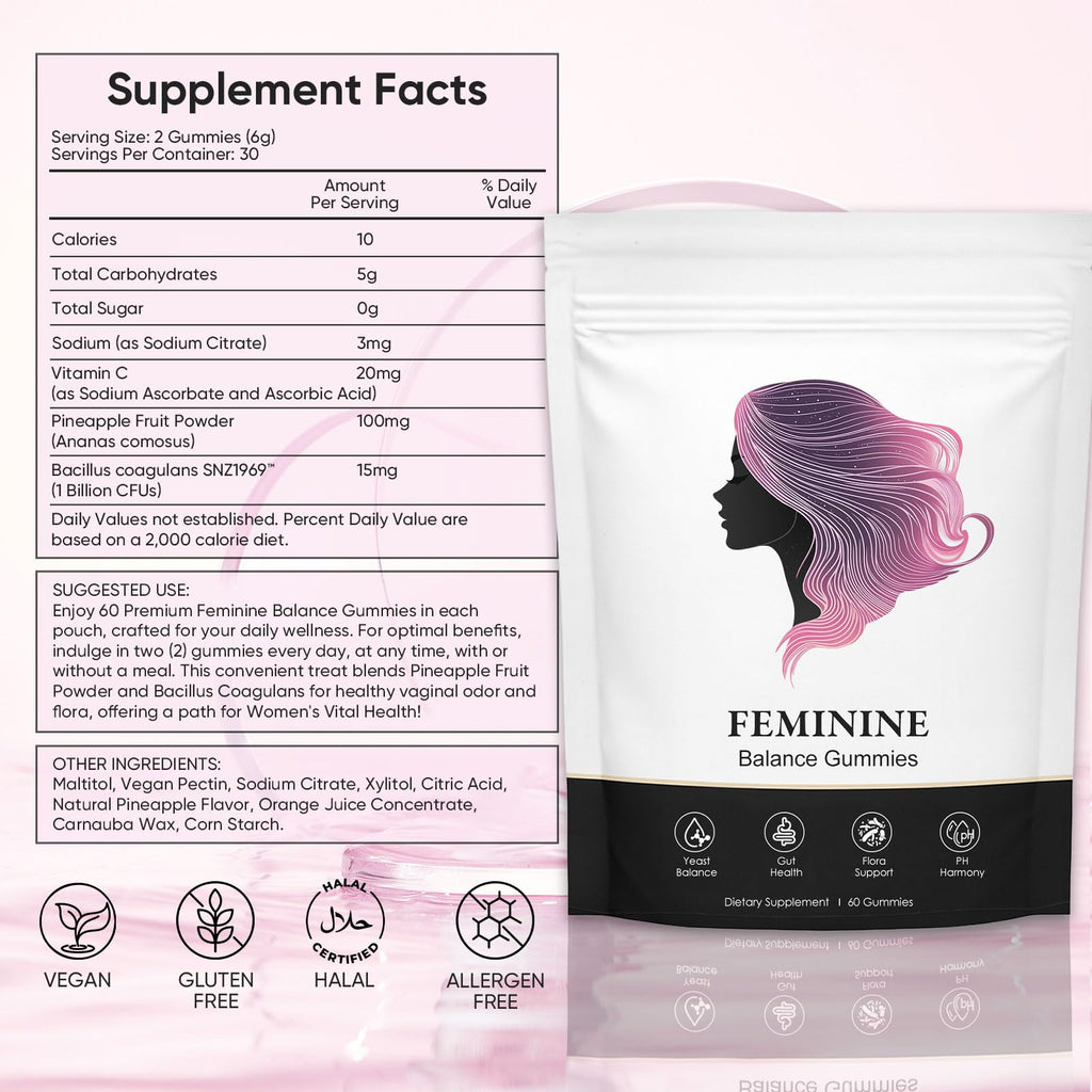 FITactic Nuora Feminine Balance Gummies for Women, PH Balance, Healthy Odor, Flora and Immune Support, Vaginal Health Support, Vegan Hawaiian Pineapple, 60 Count (1)