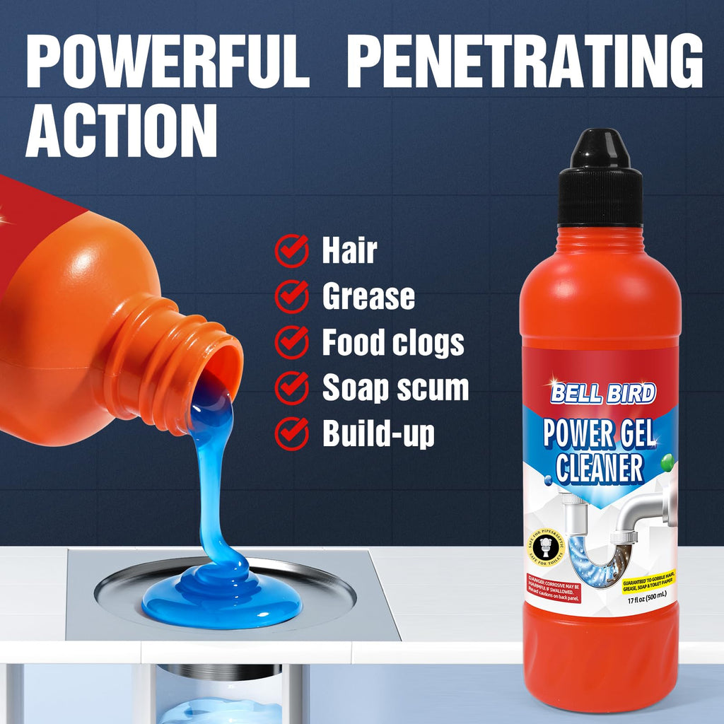 Bell Bird Drain Clog Remover & Pipe Cleaner - Thick Power Gel Dissolves Hair, Grease, and Soap Scum - Septic Safe Odor Eliminator for Kitchen Sinks, Tubs, Showers & Toilets (Pack of 4)
