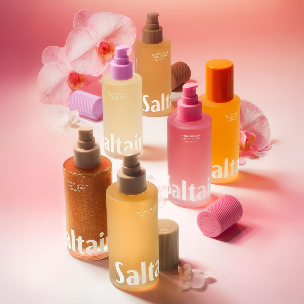 Saltair Body Oil - Luxurious Santal Bloom After Shower and Bath Oil for Women and Men. Botanical, Non-Greasy, Well-Absorbing Moisturizer for Hydrating Dry Skin – 4oz Pump Bottle