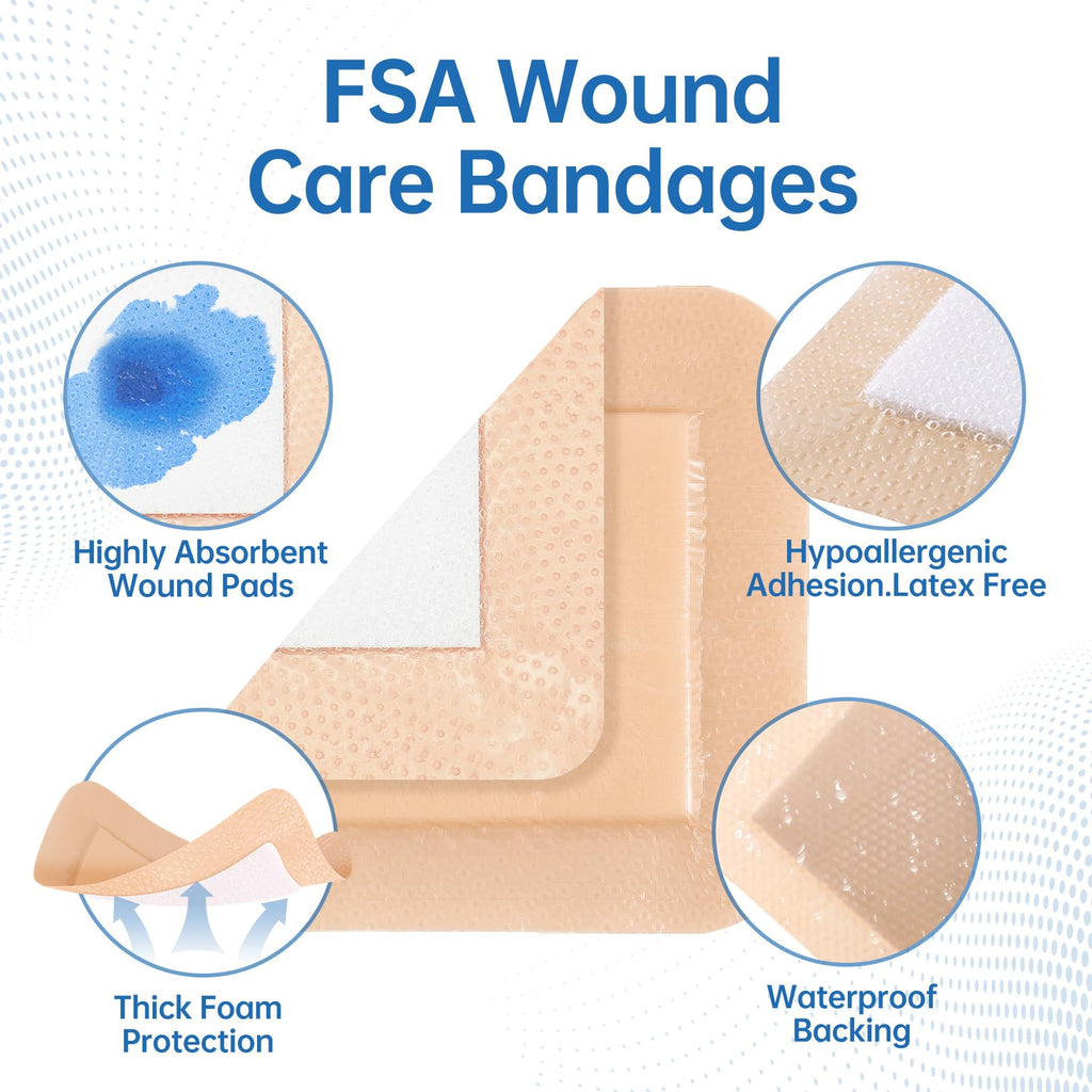 Silicone Foam Dressing 4"x4"(10 PCS), Waterproof Silicone Large Bandages for Wound with Border Adhesive, High Absorbency Bed Sore Bandages Wound Care Dressing (2.5"X2.5" Pad)