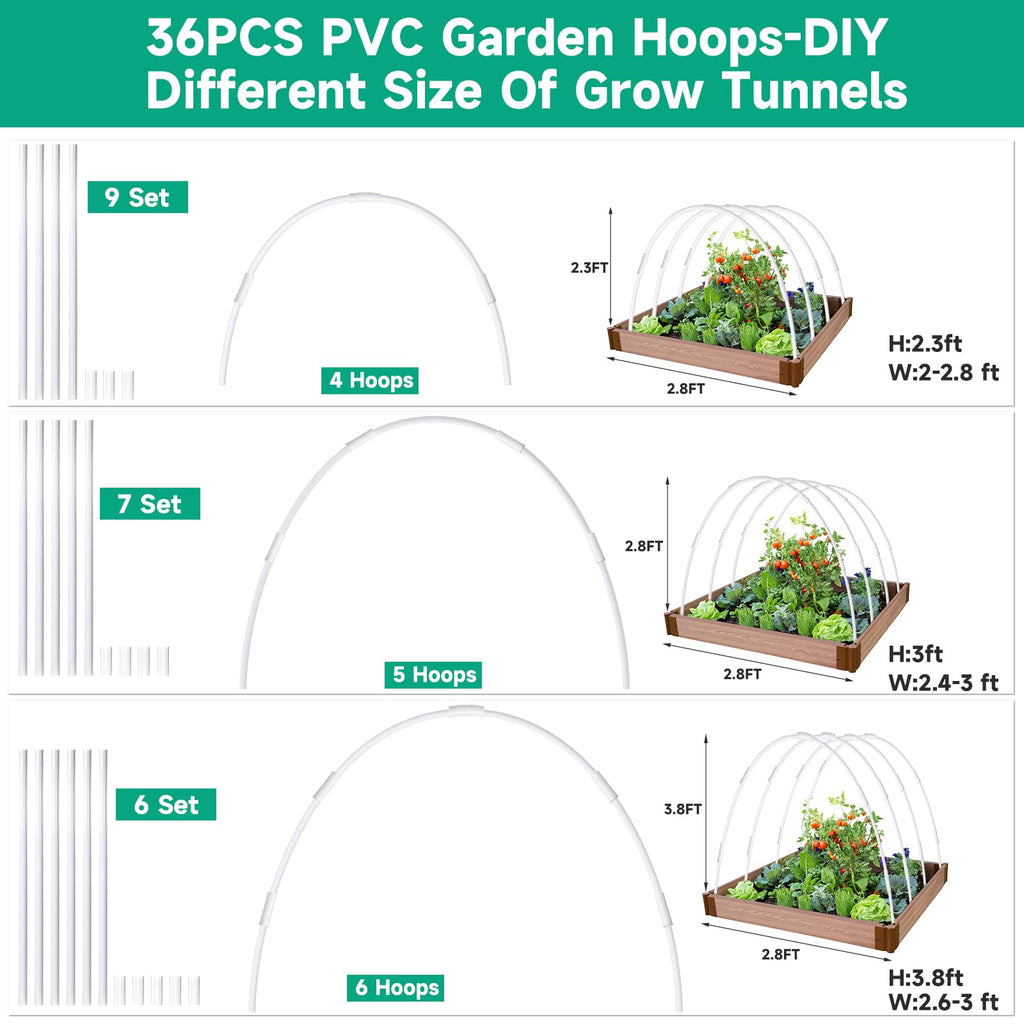 Greenhouse Garden Hoops for Raised Beds Plant Cover Netting, 36pcs PVC Adjustable Garden Hoop with 20 Clips for Shade Cloth Net, Rust-Free Green House Hoops Grow Tunnel Plant Hoop Support DIY Frame
