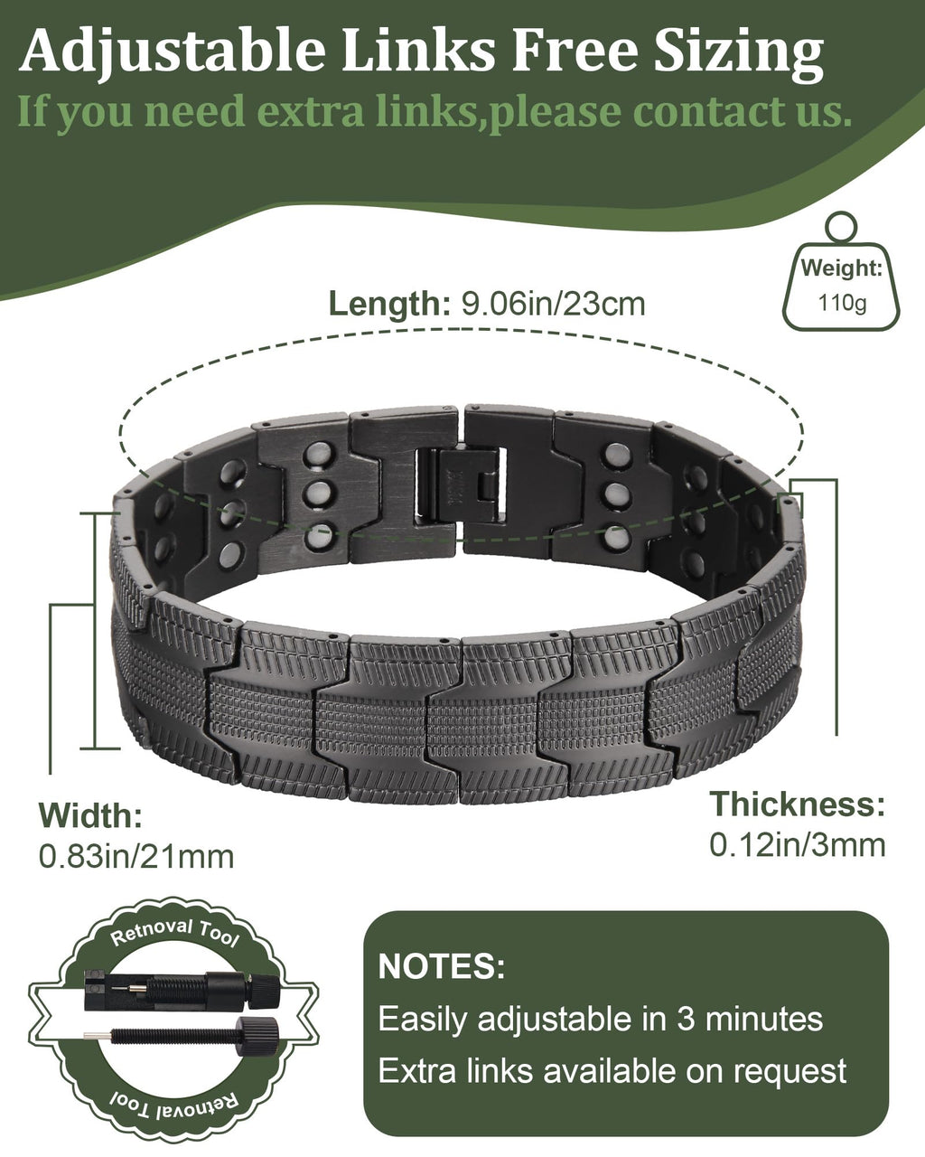 Fashtour 3X Copper Bracelet for Men Triple Ultra Strength Magnets, Masculine Design Pure Copper Magnetic Bracelet, Adjustable Length with Sizing Tool (Gunmetal 1)