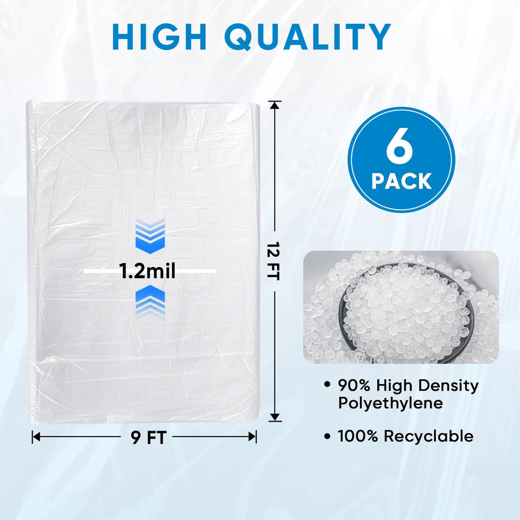 TICONN 12 x 9 Ft Plastic Drop Cloth for Painting, Waterproof Painters Plastic Sheeting, Painting Tarp for Furniture Cover, Floor Protection (6PK, 1.2Mil)