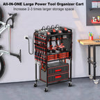 JUNNUJ Large Power Tool Organizer Cart with Charging Station, Garage Floor Standing Rolling Drill and Tools Battery Storage Cart on Wheels, Heavy Duty Utility Rack Shelf with 8 Outlet Power Strip, Red
