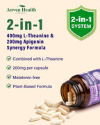Anven Health 400mg L-Theanine with 200mg Apigenin Supplement for Sleep-Natural Relaxation & Stress Relief - Gluten Free,Non-GMO, Zero Fillers - Made in USA | 60 Veggie Capsules