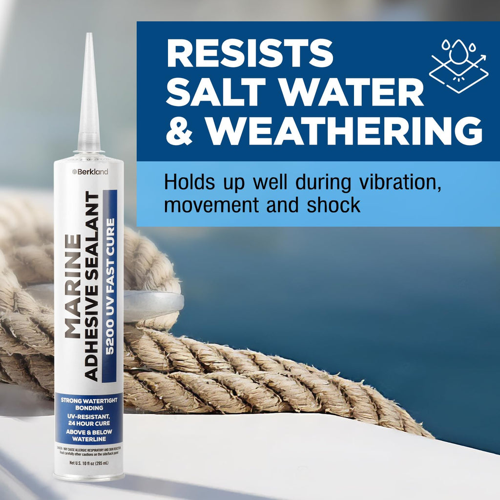 Marine Adhesive Sealant 5200 Fast Cure, 10 oz White — Permanent Watertight Bond Above & Below Waterline, UV Resistant Marine Caulk for Boats, Hulls, Decks & Fittings by Berkland, American Owned