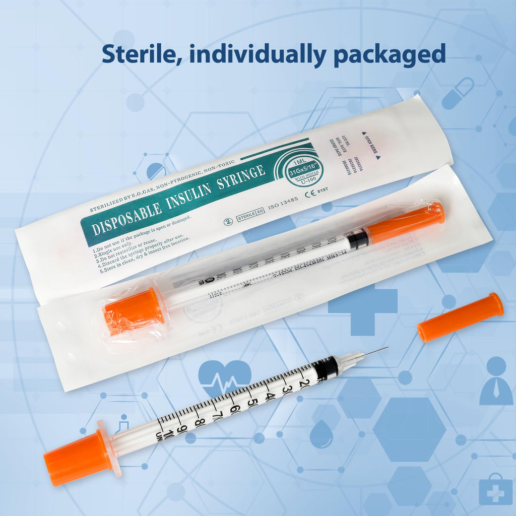 100 Pack Syringes with Needle, 1ml 31G 5/16 Inch 8mm Disposable Syringe, U-100 Lab Tools, Individual Wrapped