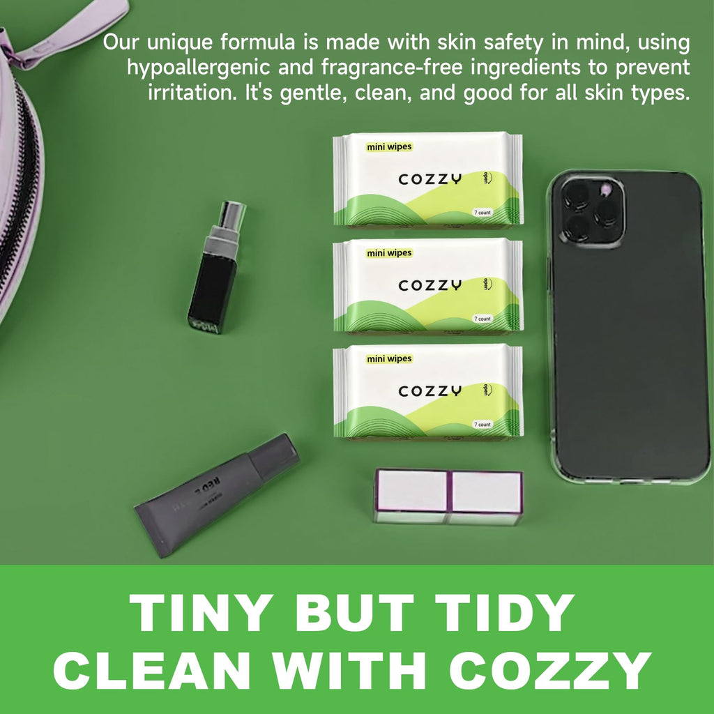 COZZY Ultra-Compact Mini Travel Wipes - Gentle & Skin-Friendly, Unscented, Alcohol-Free, Paraben-Free - Ideal for Adults, Kids & Babies - 24 Packs (168 Total Wipes)