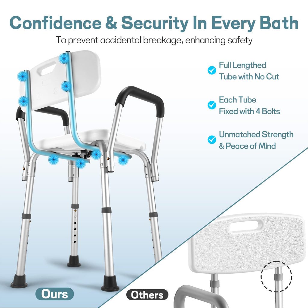 TABEKE Shower Chair for Inside Shower, Heavy Duty Shower Chair with Backrest & Padded Armrest, Height Adjustable Shower Bench, Shower Seat for Bathtub, Elderly and Disabled