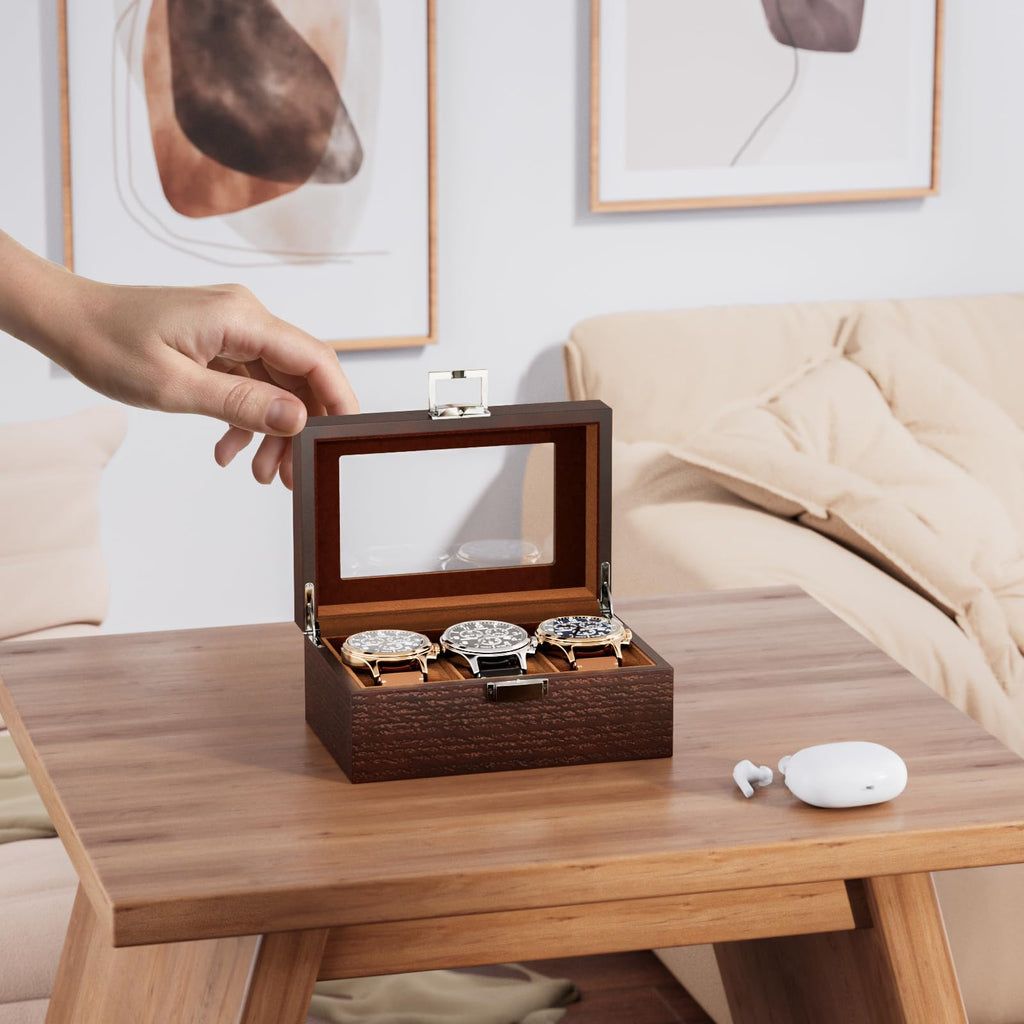 ProCase Wooden Watch Box, 3 Slot Mens Watch Display Case, Espresso