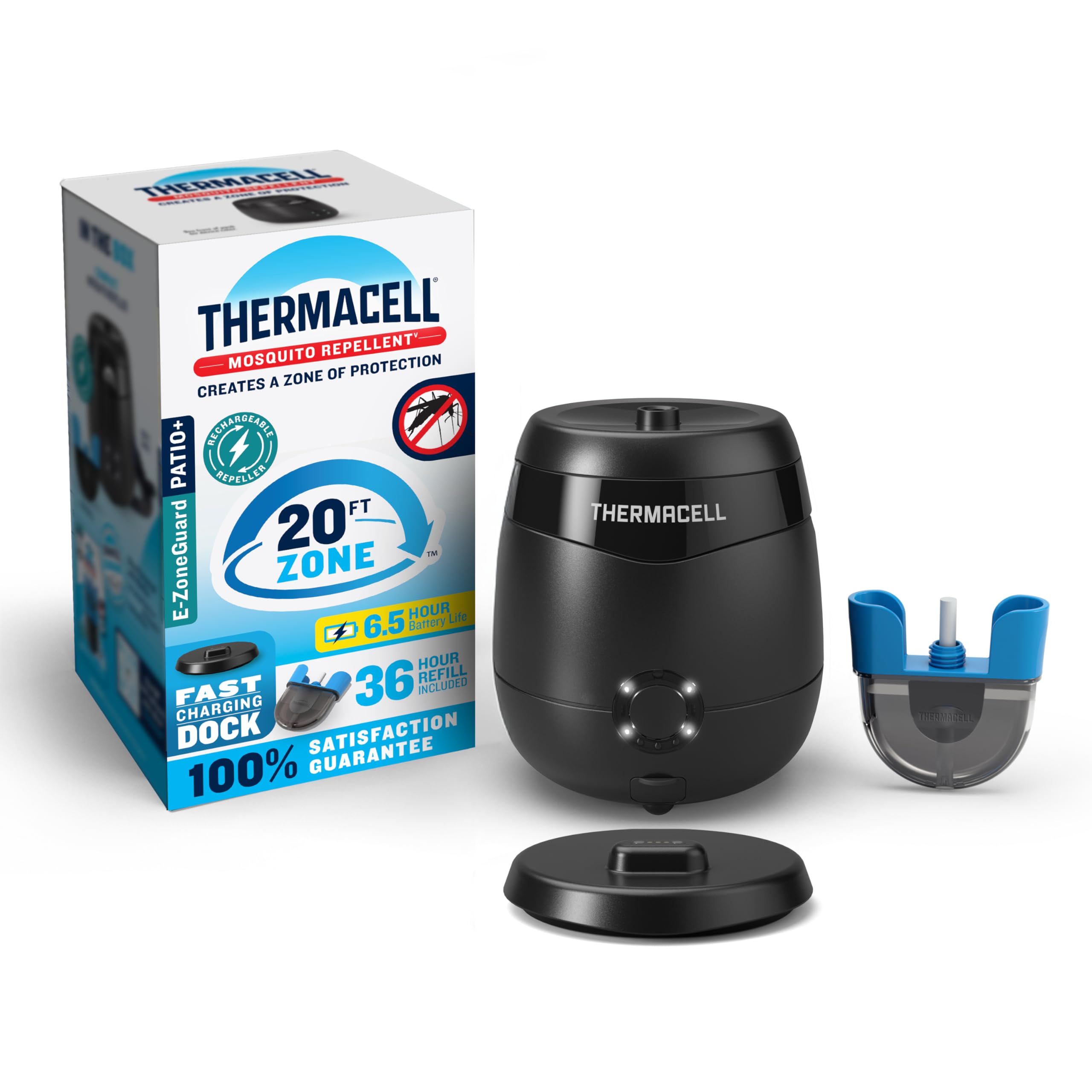 Thermacell E-ZoneGuard Patio + Rechargeable Mosquito Repeller with 20-Foot Zone of Scientifically Proven Outdoor Protection; 6.5-Hr Battery; 36-Hr Refill; Bug Spray Alternative; Fast Charging Dock