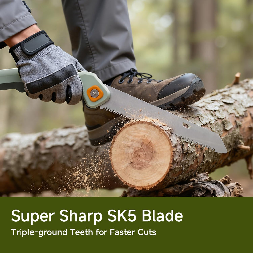 PrunePro® Folding Pruning Saw, 9.5 Inch Super Sharp SK5 Triple-Cut Blade, 3 Adjustable Cutting Angles, Ergonomic Non-Slip Grip, Lightweight, Portable Hand Saw for Tree Trimming, Camping, Gardening