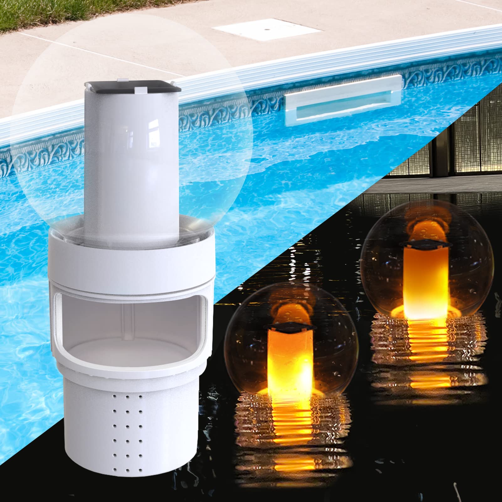 Pool Chlorine Floater with Solar Flame Light, Chlorine Dispenser for Pool, Spa Chemical Dispenser Spacious Floating Chlorinator of 4x3” Chlorines Tablets Easy Opening, Chlorines Holder