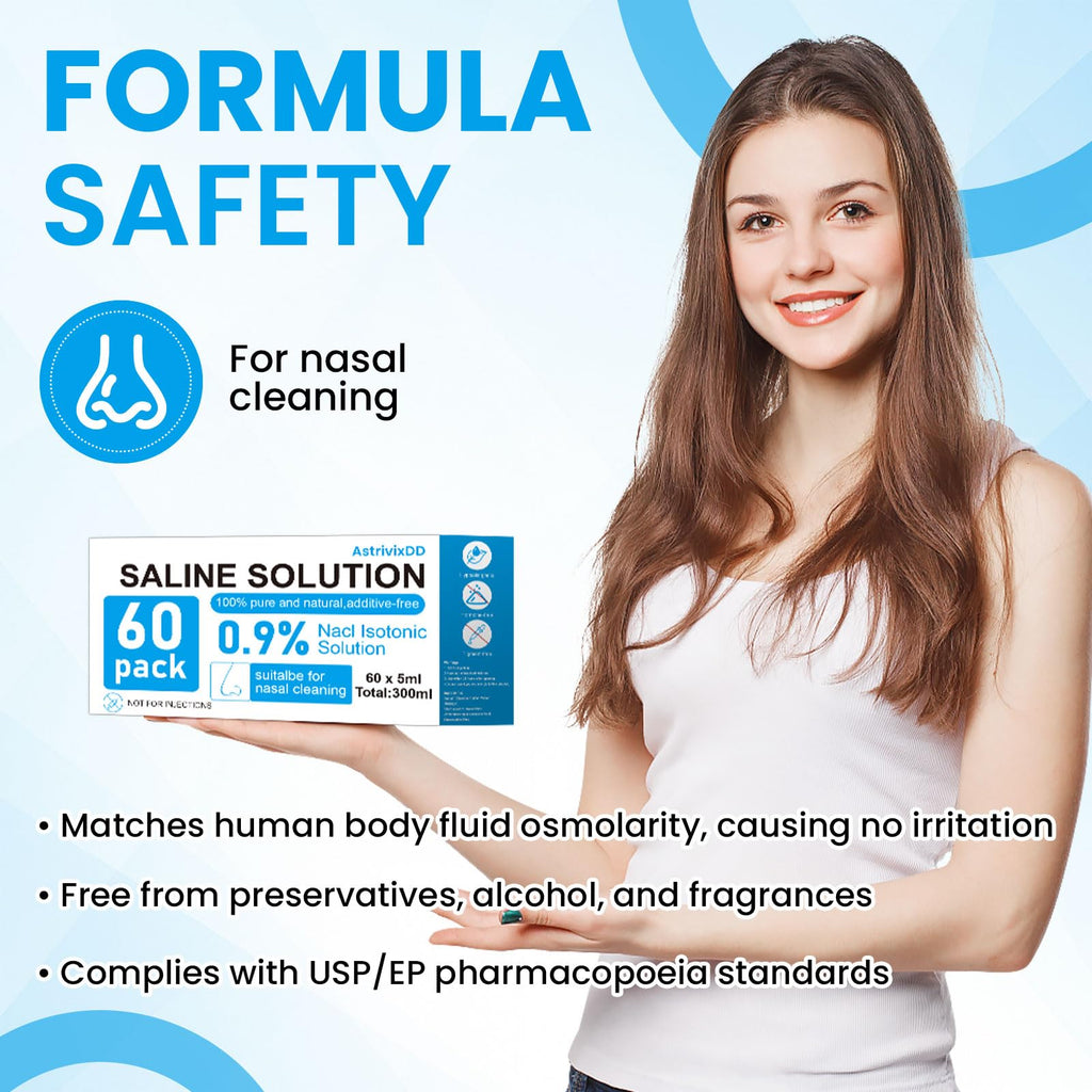 AstrivixDD 60 Pack 0.9% Saline Solution, Sodium Chloride for Cleaning, Normal Solution for All Ages, Total 300ml, 5ml Each