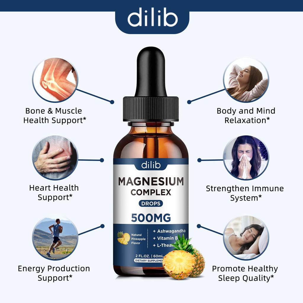 Magnesium Glycinate Liquid Drops 500mg - Triple Magnesium Complex Supplement with Citrate, Malate, Ashwagandha, L-Theanine, Vitamin B6 for Sleep, Stress Relief, Muscle, Pineapple Flavor 4 Fl Oz