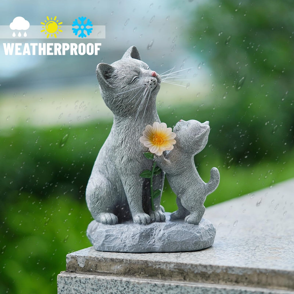 QZFFZQ Solar Cat Garden Statue Outdoor Decor - Mother & Kitten Figurines with Flower LED Light, Outside Yard Art Patio Balcony Lawn Ornament, Unique Gifts for Cat Lover