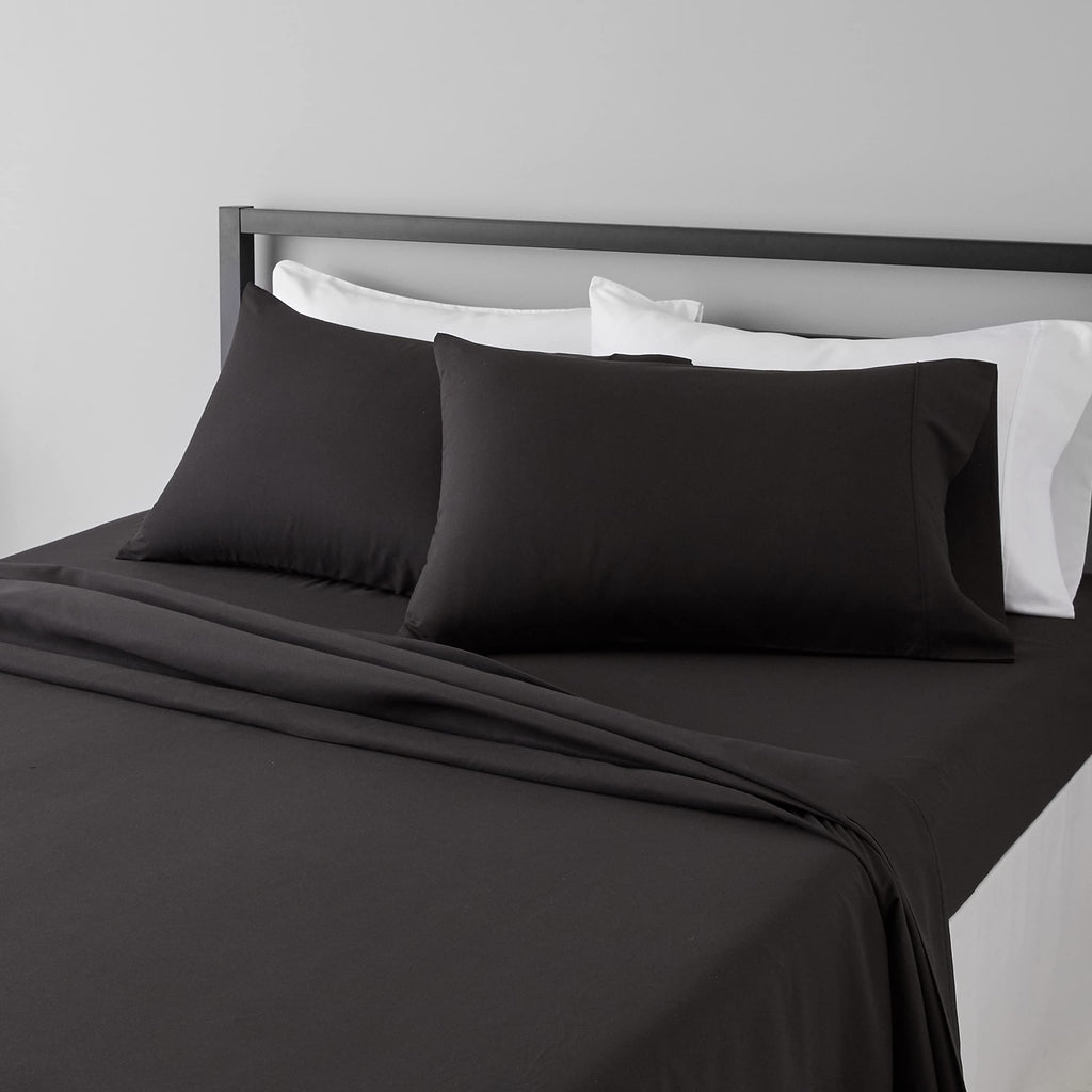 Amazon Basics Lightweight Super Soft Easy Care Breathable Microfiber 4-Piece Bed Sheet Set with 14-Inch Deep Pockets, Wrinkle Resistant, Full, Black, Solid