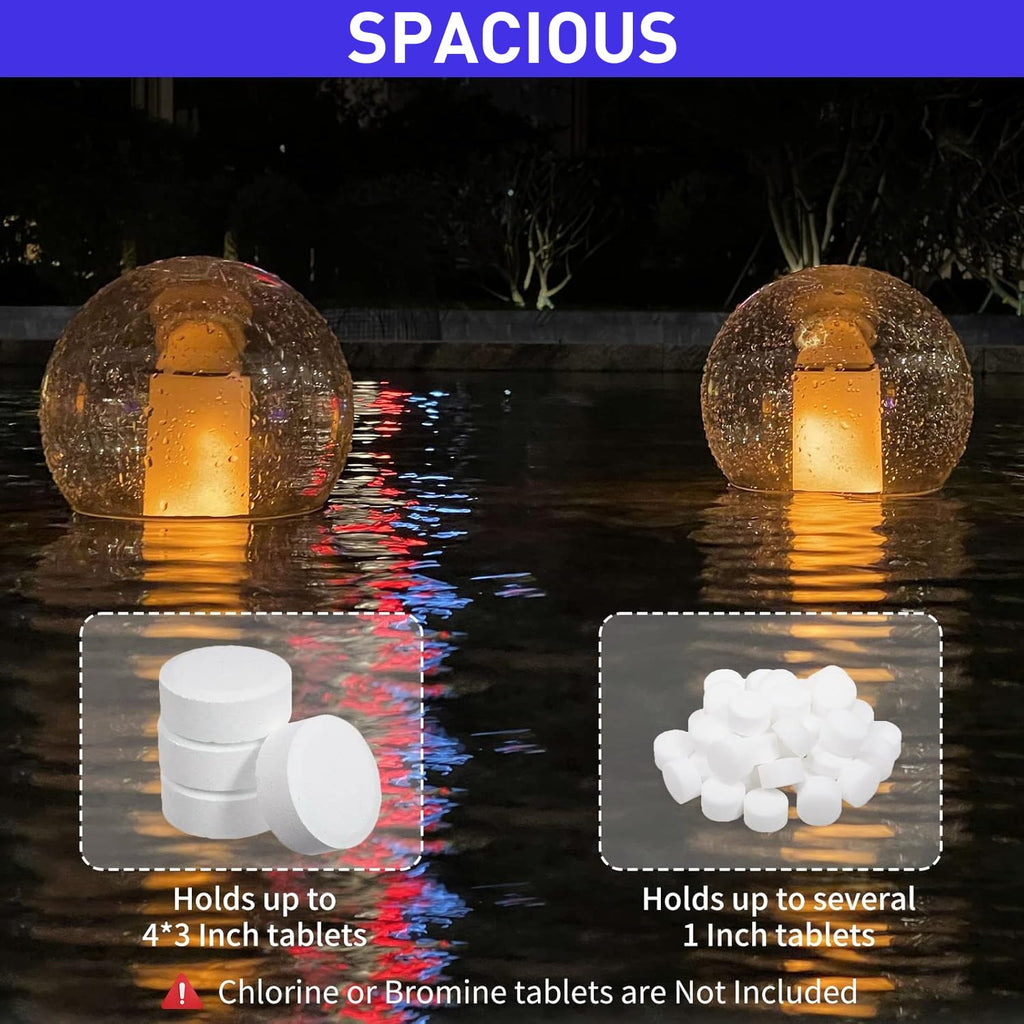 Pool Chlorine Floater with Solar Flame Light, Chlorine Dispenser for Pool, Spa Chemical Dispenser Spacious Floating Chlorinator of 4x3” Chlorines Tablets Easy Opening, Chlorines Holder