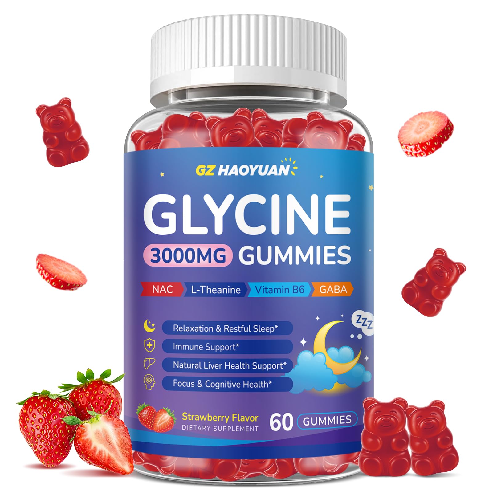 GZ HAOYUAN Glycine Gummies, Glycine 3g Supplements with NAC, L-Theanine, GABA, for Sleep, Relax, Nerve & Brain Support, Sugar Free, Vegan, Strawberr Flavor, 60 Cts