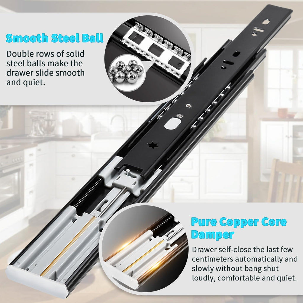 YENUO Soft Close Drawer Slides Full Extension Side Mount 12 14 16 18 20 22 24 inch Ball Bearing Metal Rails Track Guide Glides Runners Heavy Duty 100 Pound (Soft Close- 1 Pr, 18 Inch)