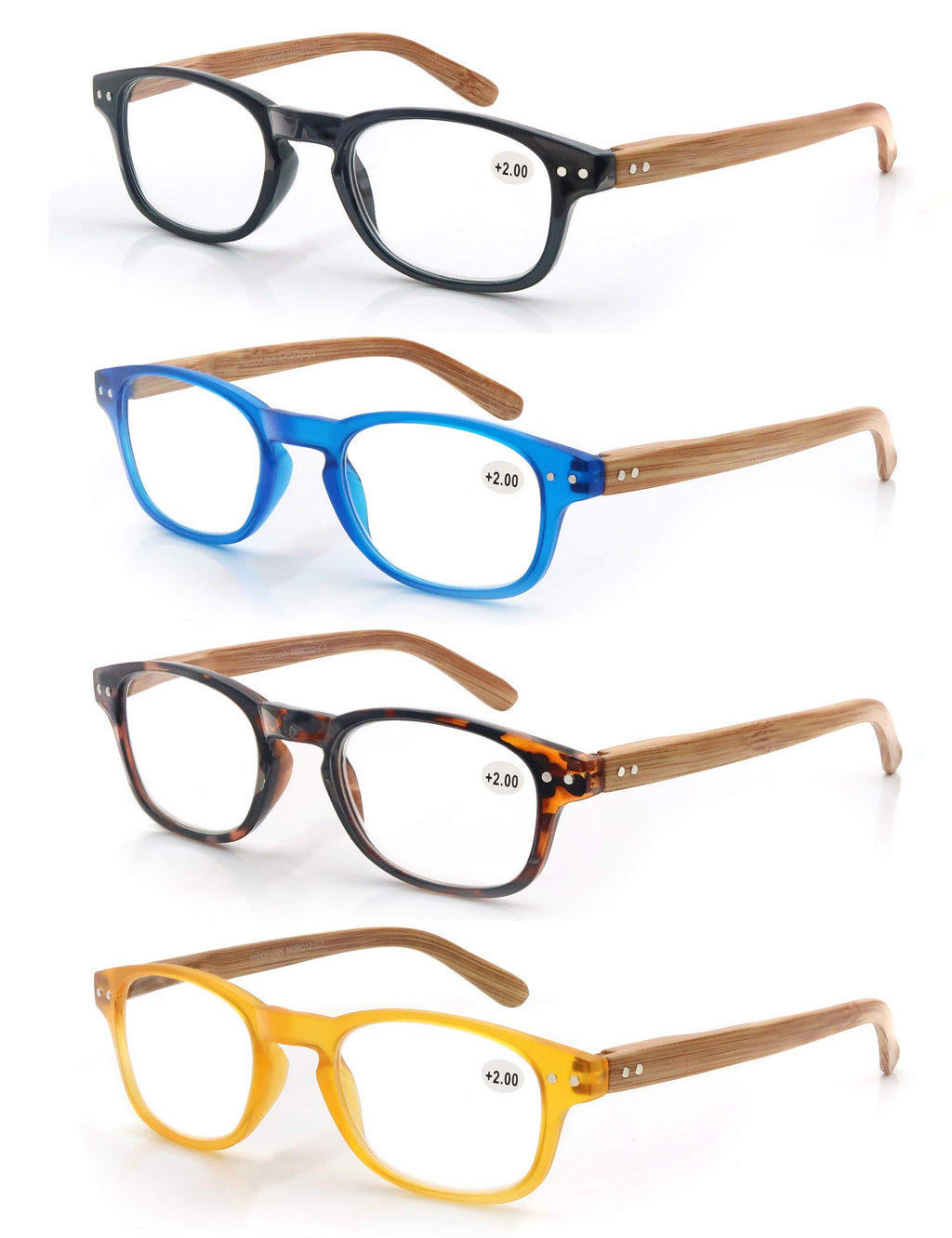MODFANS 4 Pack Reading Glasses 2.5 Fashion Wood-Look Spring Hinges Stylish Readers Men Women