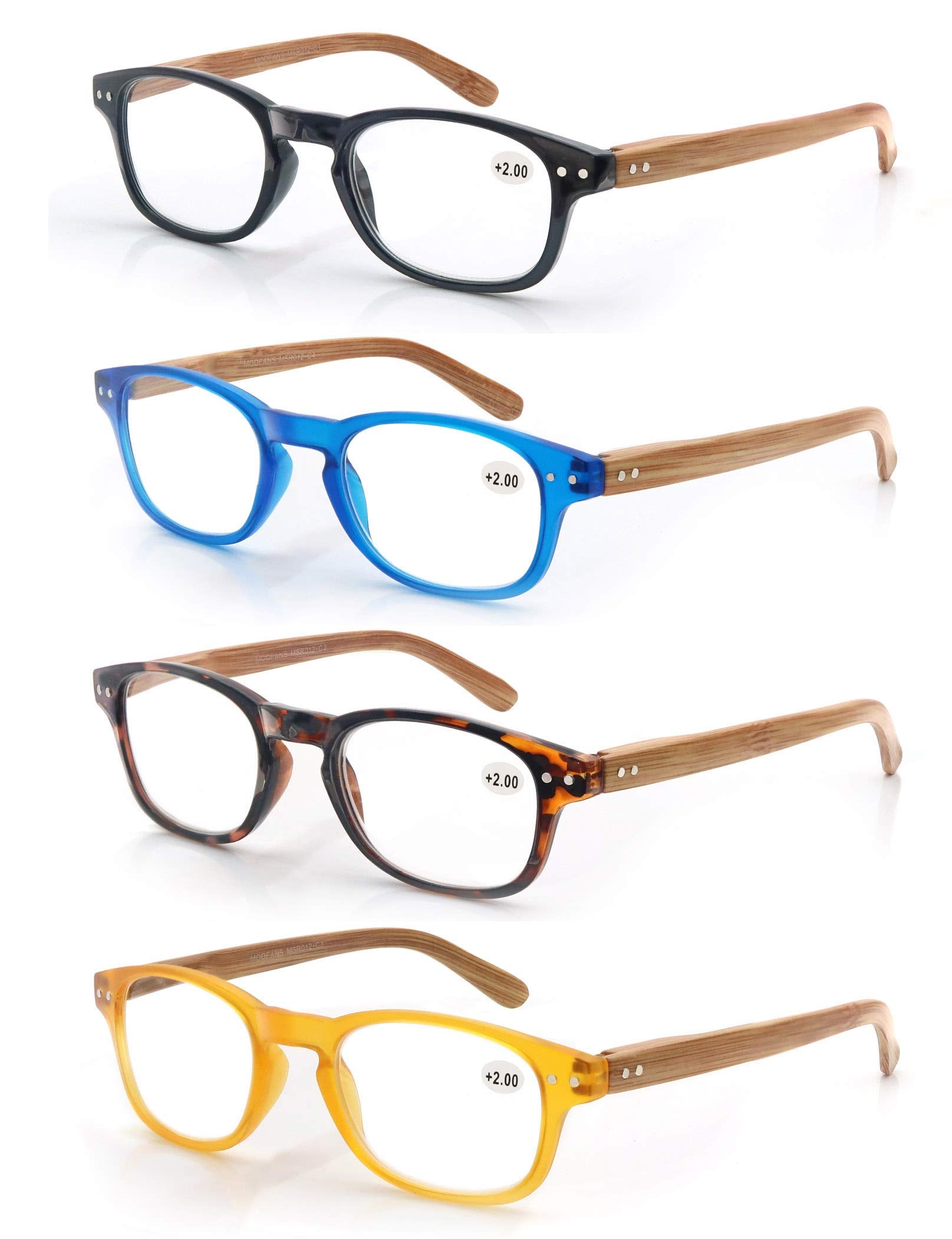 MODFANS 4 Pack Reading Glasses 2.5 Fashion Wood-Look Spring Hinges Stylish Readers Men Women