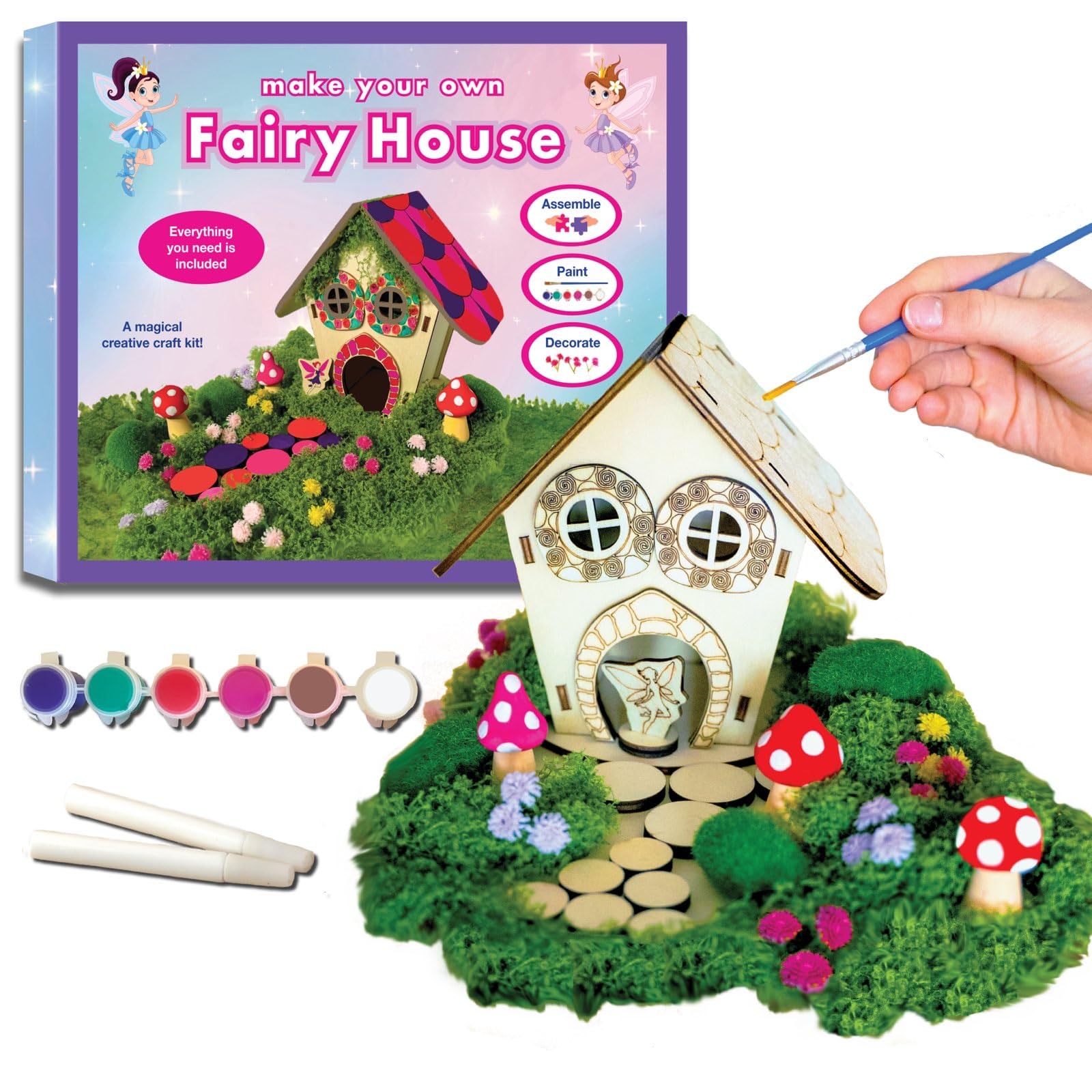 Fairy House Craft Kit for Kids, DIY Wooden Fairy Garden Kit with Paints & Decorations, Arts & Crafts for Kids, Creative Activity, Birthday Gift for Girls Ages 5 6 7 8–12