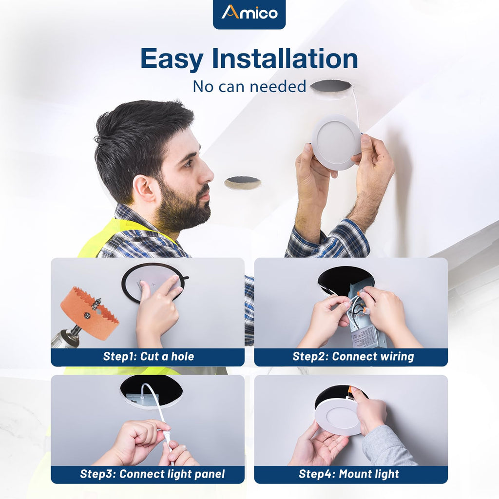 Amico 4 Pack 4 Inch 5CCT Ultra-Thin LED Recessed Ceiling Light with Junction Box, 2700K/3000K/3500K/4000K/5000K Selectable, 10W Eqv 60W 800LM Brightness Dimmable Canless Wafer Downlight, ETL & FCC