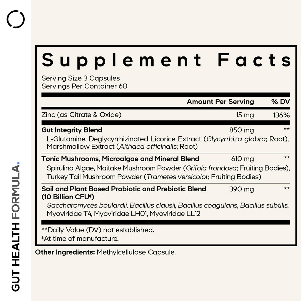 Codeage Gut Health Supplements Vegan Formula - L Glutamine, Zinc, Turkey Tail Mushroom Powder, Tonic Mushroom, Maitake, Micro Algae, Mineral, Licorice Root DGL - Probiotics, Prebiotics - 180 Capsules