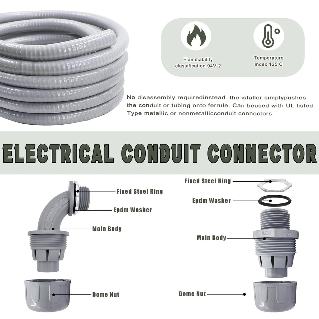 Feotech Liquid-Tight Conduit and Connector Kit - 3/4 Inch 50 FT Non Metallic Liquid Tight Electrical Conduit with 5 Straight and 5 Angle Fittings
