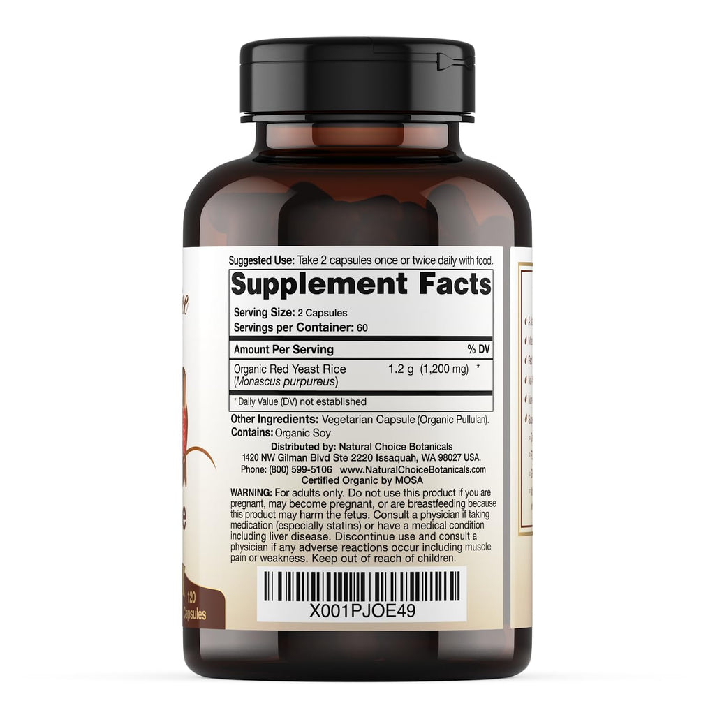 Natural Choice Botanicals Certified Organic Red Yeast Rice Supplement - 120 Capsules, 2 Month Supply