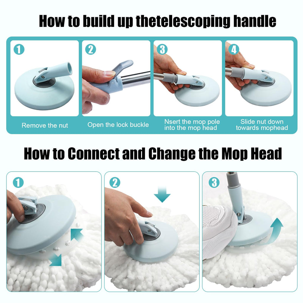 Spin Mop and Bucket with Wringer Set, 360° Spinning Mop Bucket System with 3 Microfiber Mop Replacement Heads, Adjustable Handle for Floor Cleaning (Light Blue)