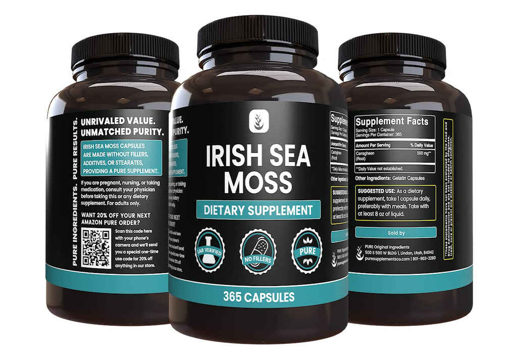 PURE ORIGINAL INGREDIENTS Irish Sea Moss (365 Capsules) Always Pure, No Additives Or Fillers, Lab Verified