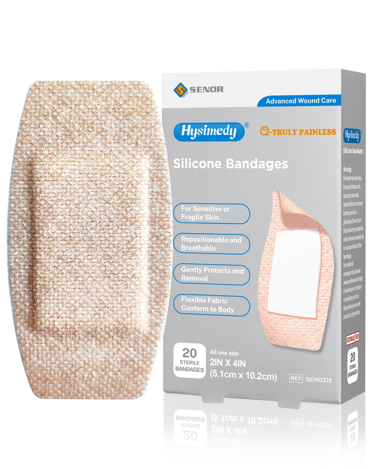Hysimedy Silicone Bandages for Sensitive Fragile Skin 2"x4" 20 Count Flexible Fabric Latex Free Hypoallergenic Breathable Large Bandages for Wounds Easy Painless Removal for Geriatric and Children