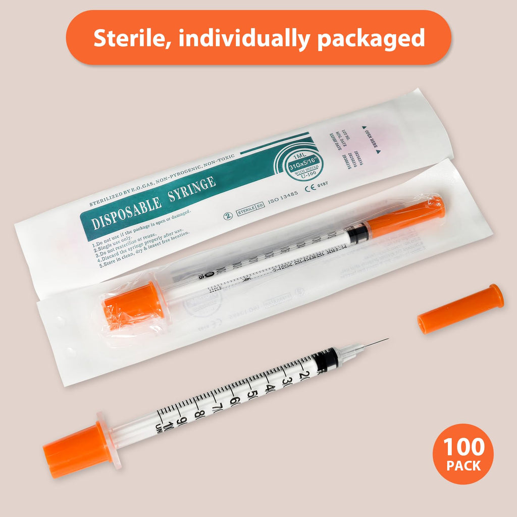 Syringes with Needle, 100 Pack U-100 1ml 31G 5/16" (8mm) Syringe