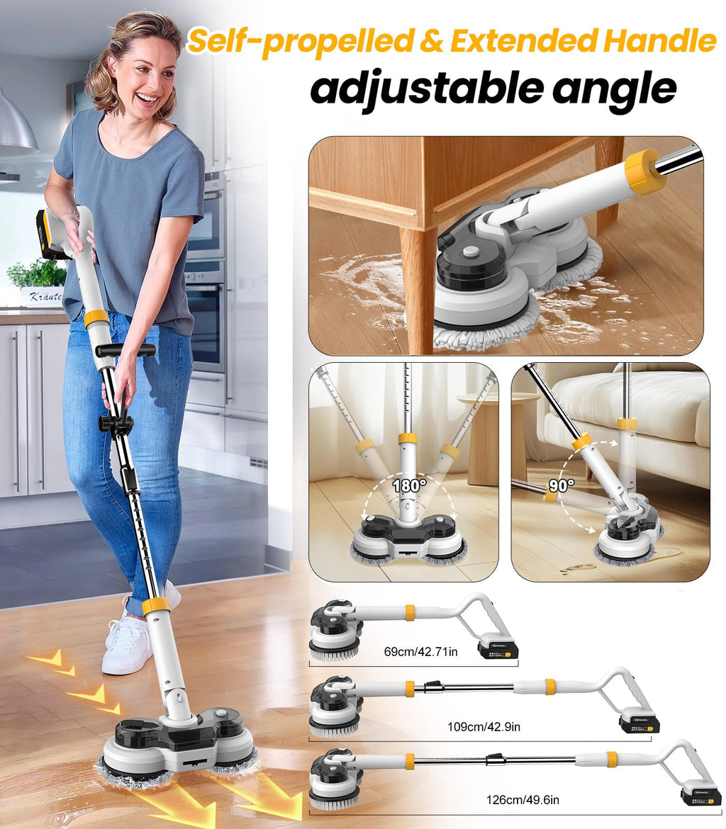 qimedo 800RPM Cordless Electric Mop, 6000mAh Battery Electric Power Scrubber & Mops for Floor Cleaning, Best Automatic Spin Mops with Smart Display,Rotating Mop with LED Light & Water Spray