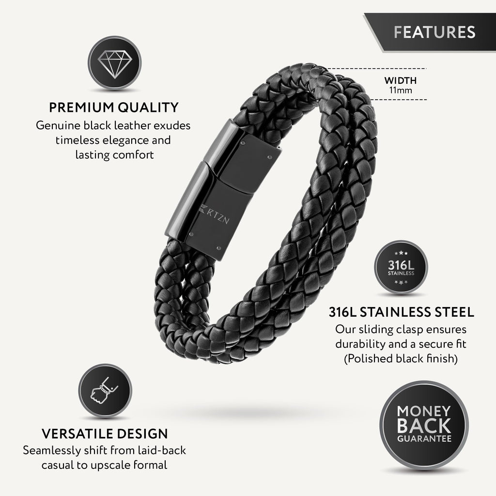 RTZN® Black Leather Bracelet for Men – Premium Artisan Handcrafted Double Strand Black Braided Leather Bracelet – Authentic Stacked Mens Leather Bracelets (Medium)