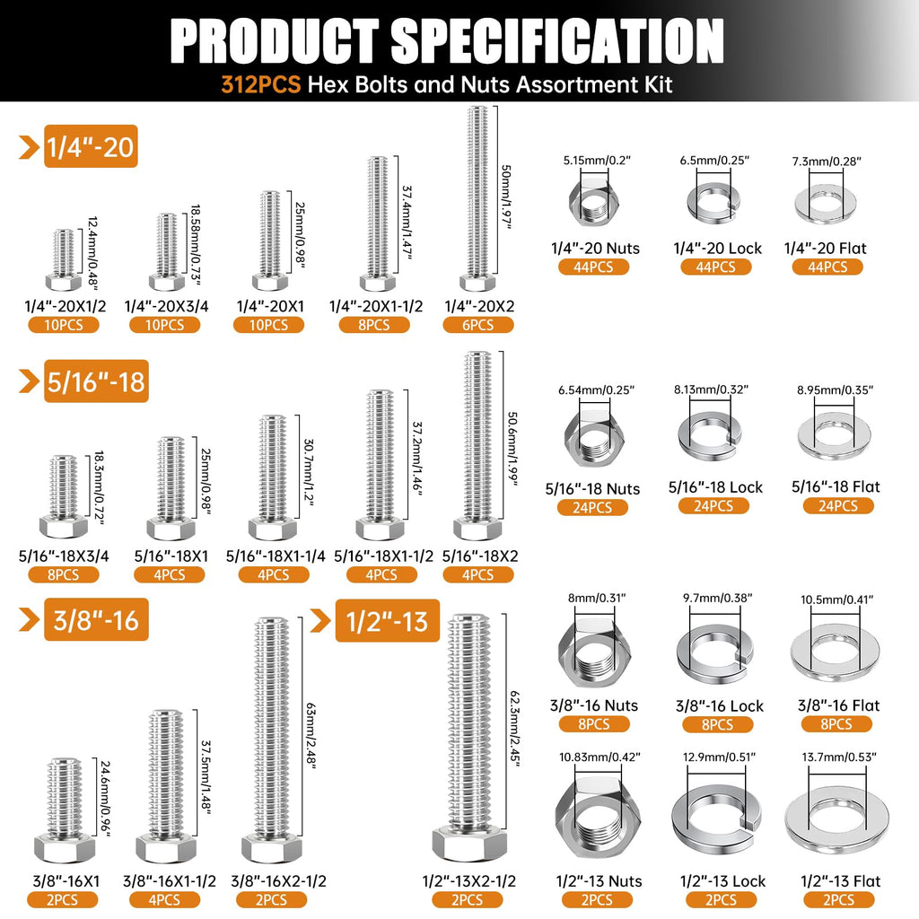 mankk 312PCS Hex Bolts and Nuts Assortment Kit,4 Sizes (1/4-20,5/16-18,3/8-16,1/2-13") 304 Stainless Steel Hex Bolts and Nuts Washers Kit Hardware Screws Set Flat & Spring Lock Washers