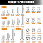 mankk 312PCS Hex Bolts and Nuts Assortment Kit,4 Sizes (1/4-20,5/16-18,3/8-16,1/2-13") 304 Stainless Steel Hex Bolts and Nuts Washers Kit Hardware Screws Set Flat & Spring Lock Washers