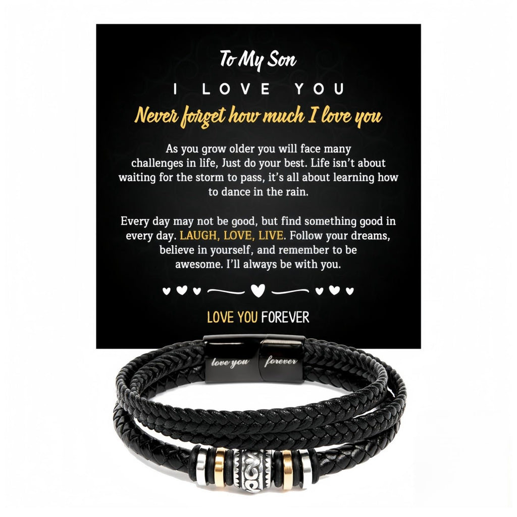 Men's Black Braided Leather Bracelet, Engraved "Love You Forever" 8.3in