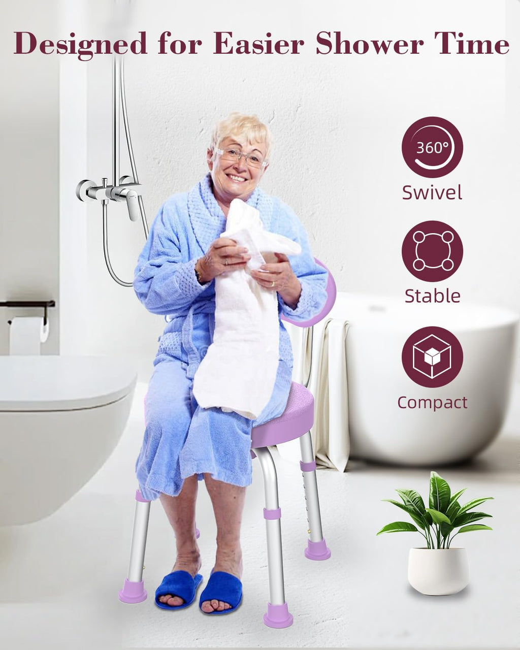Fvzzin Swivel Shower Chair, 360° Non-Slip Shower Seat with Backrest for Elderly and Disabled, Height Adjustable Rotating Tub Transfer Bench for Seniors Bathroom Inside Shower(Purple)