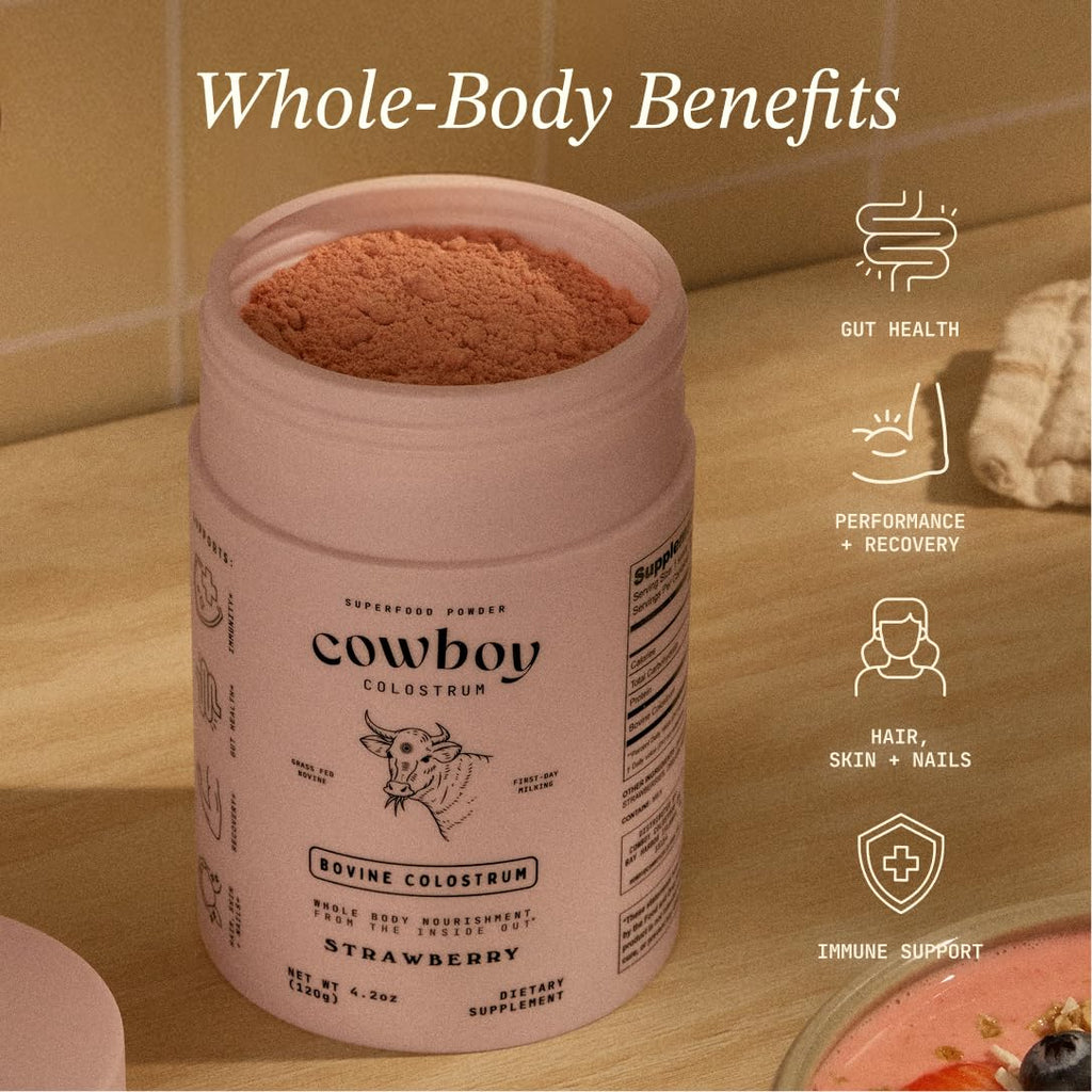 COWBOY - The Exclusive 1st Milking, Whole, Grass Fed Colostrum Supplement for Full Body Health - Bovine Colostrum Powder Packed w/Bioactive Nutrients - Sugar Free (Strawberry, 30 Servings)