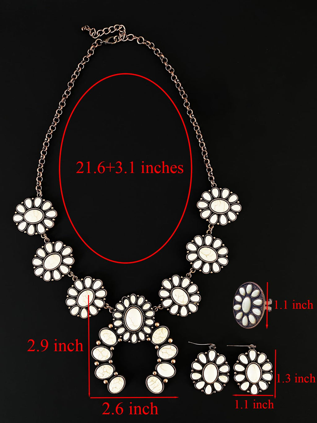 TOPACC 3 Pcs White Turquoise Jewelry for Women Western Necklace Cowgirl Earrings Boho Ring Indian Jewelry Set for Country Concert Outfit